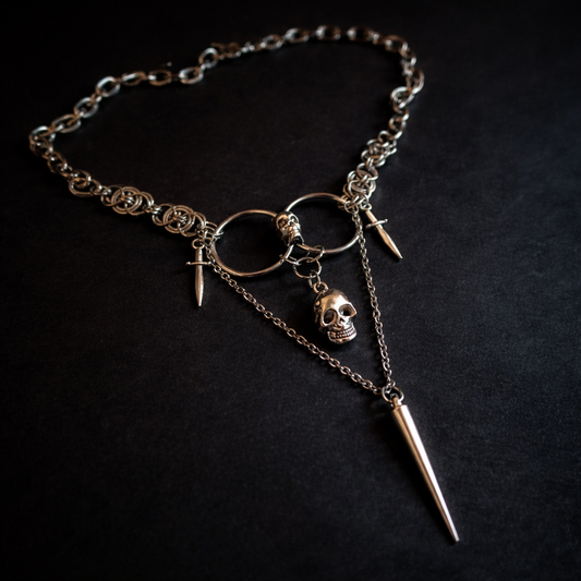Gravebound Gothic Chainmail Necklace – Stainless Steel Skull & Spike Statement, 18” Toggle Clasp