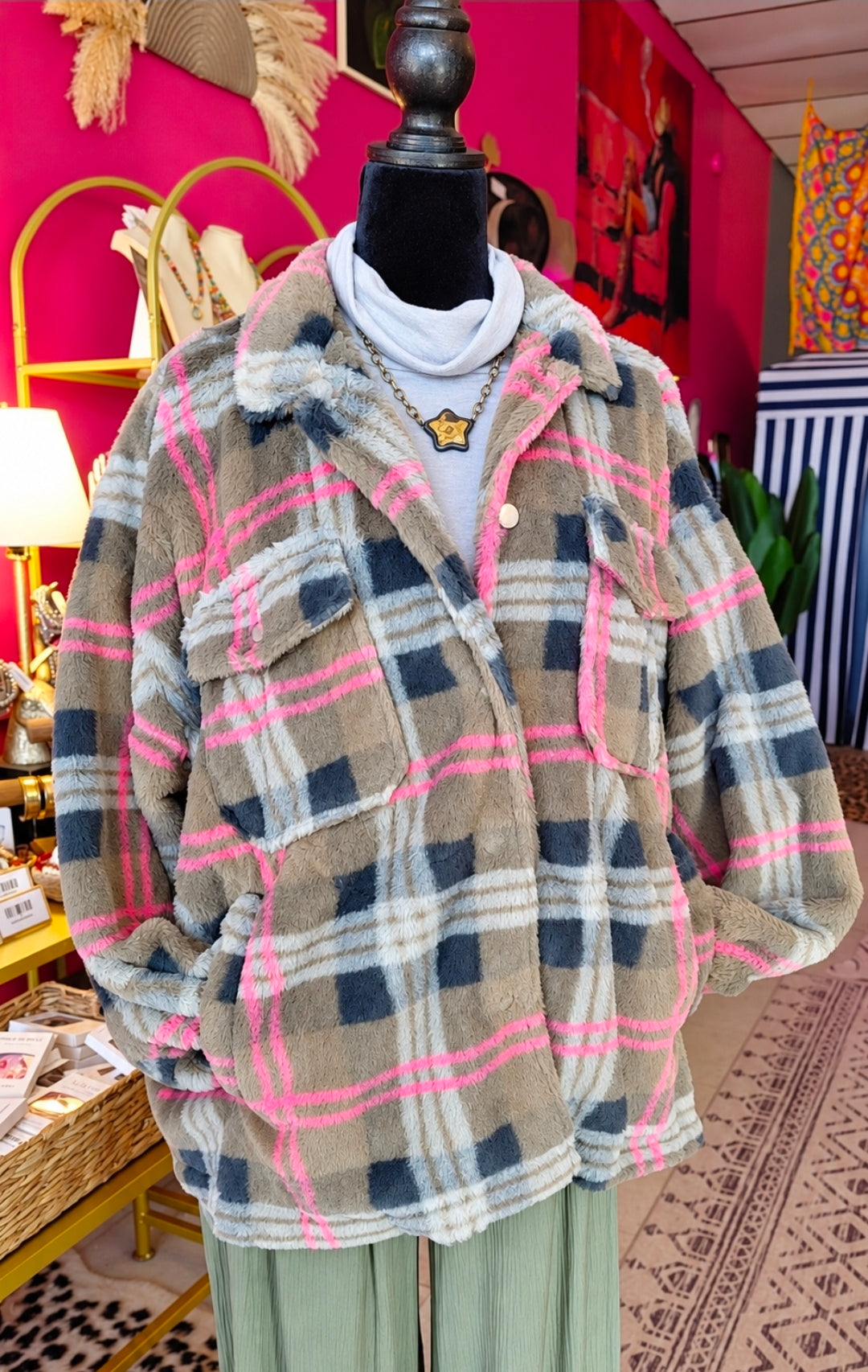 Fuzzy Plaid Button Up Jacket Plus Size
