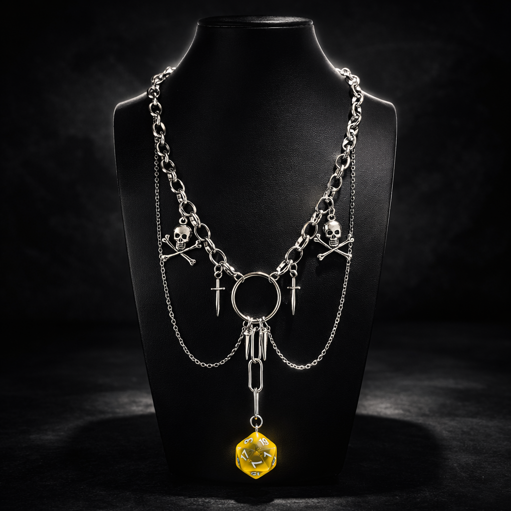 The Upside-Down Gothic D20 Necklace – Stainless Steel Skull &amp; Dagger Statement Chain, 18.5” Toggle Clasp- Chainmail