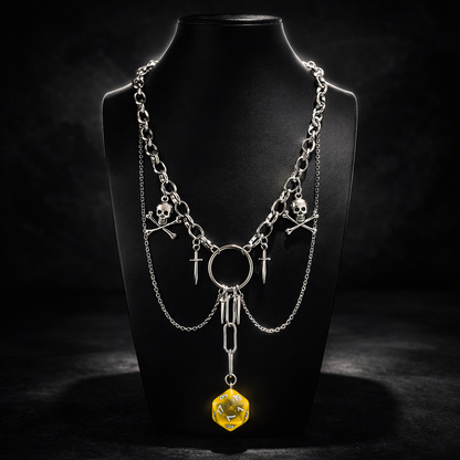 The Upside-Down Gothic D20 Necklace – Stainless Steel Skull &amp; Dagger Statement Chain, 18.5” Toggle Clasp- Chainmail