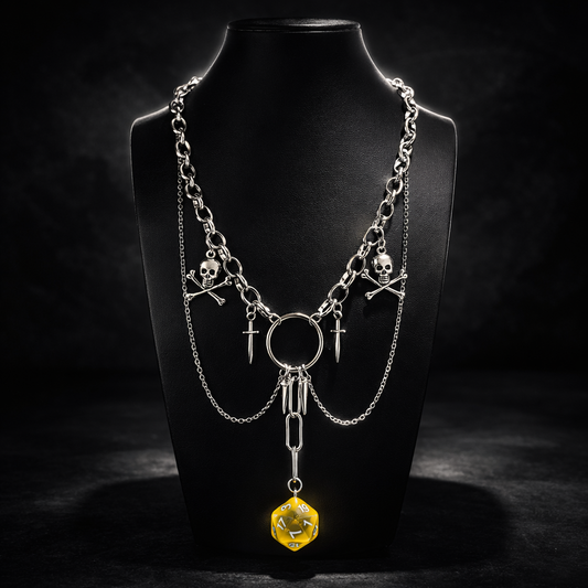 The Upside-Down Gothic D20 Necklace – Stainless Steel Skull &amp; Dagger Statement Chain, 18.5” Toggle Clasp- Chainmail