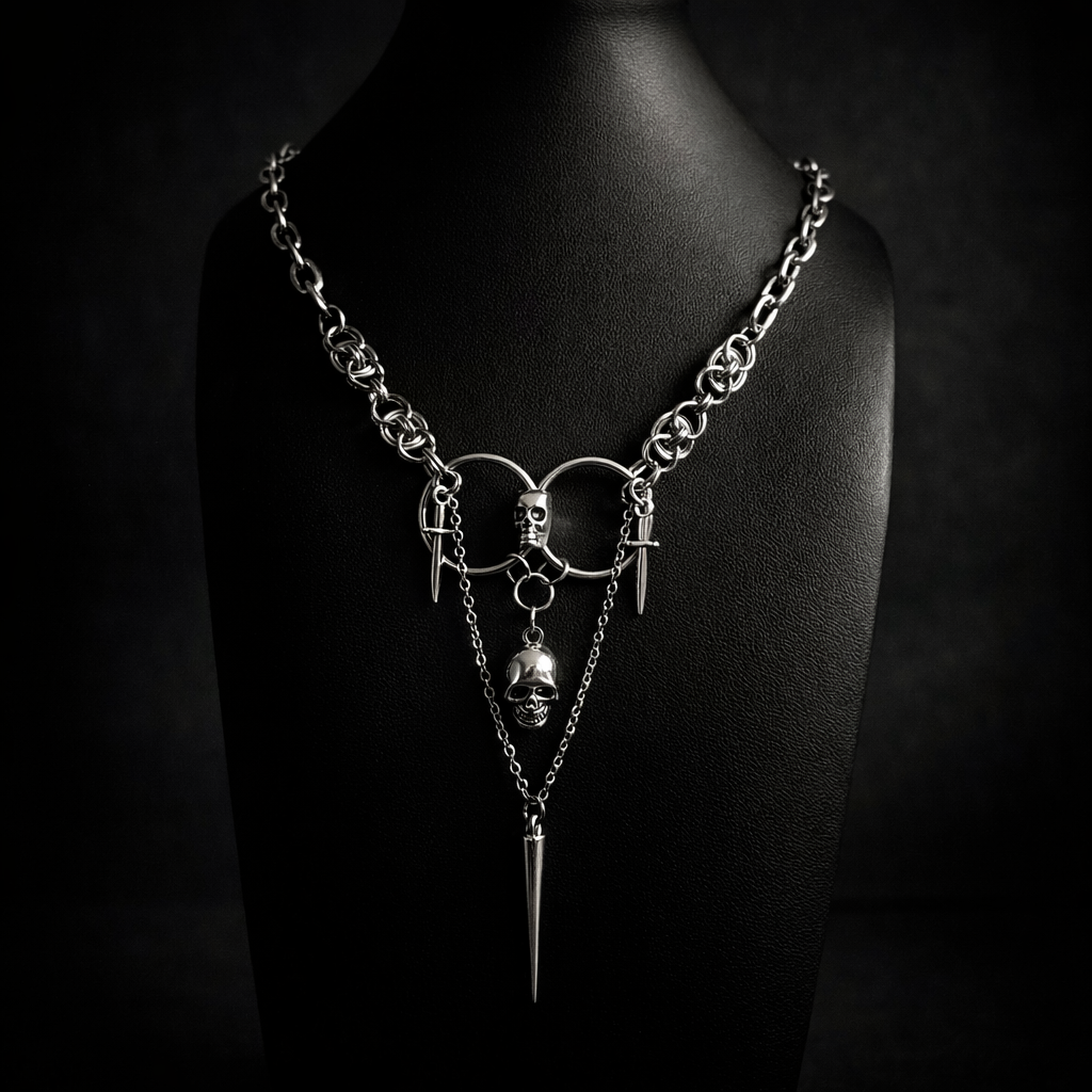 Gravebound Gothic Chainmail Necklace – Stainless Steel Skull &amp; Spike Statement, 18” Toggle Clasp