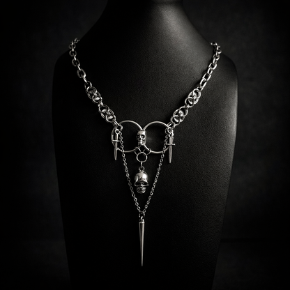 Gravebound Gothic Chainmail Necklace – Stainless Steel Skull &amp; Spike Statement, 18” Toggle Clasp