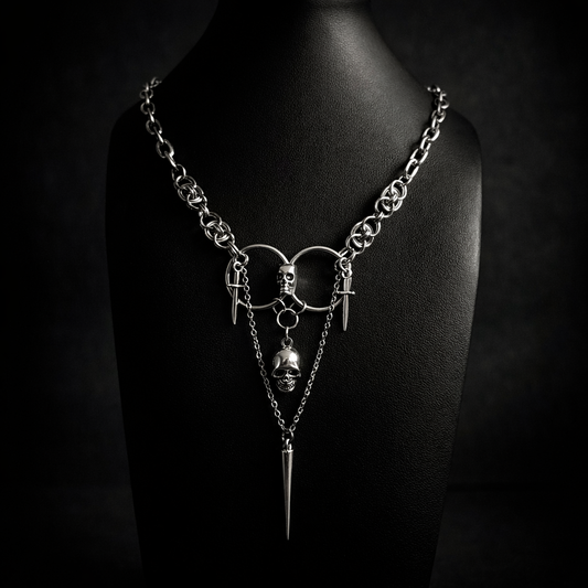 Gravebound Gothic Chainmail Necklace – Stainless Steel Skull &amp; Spike Statement, 18” Toggle Clasp