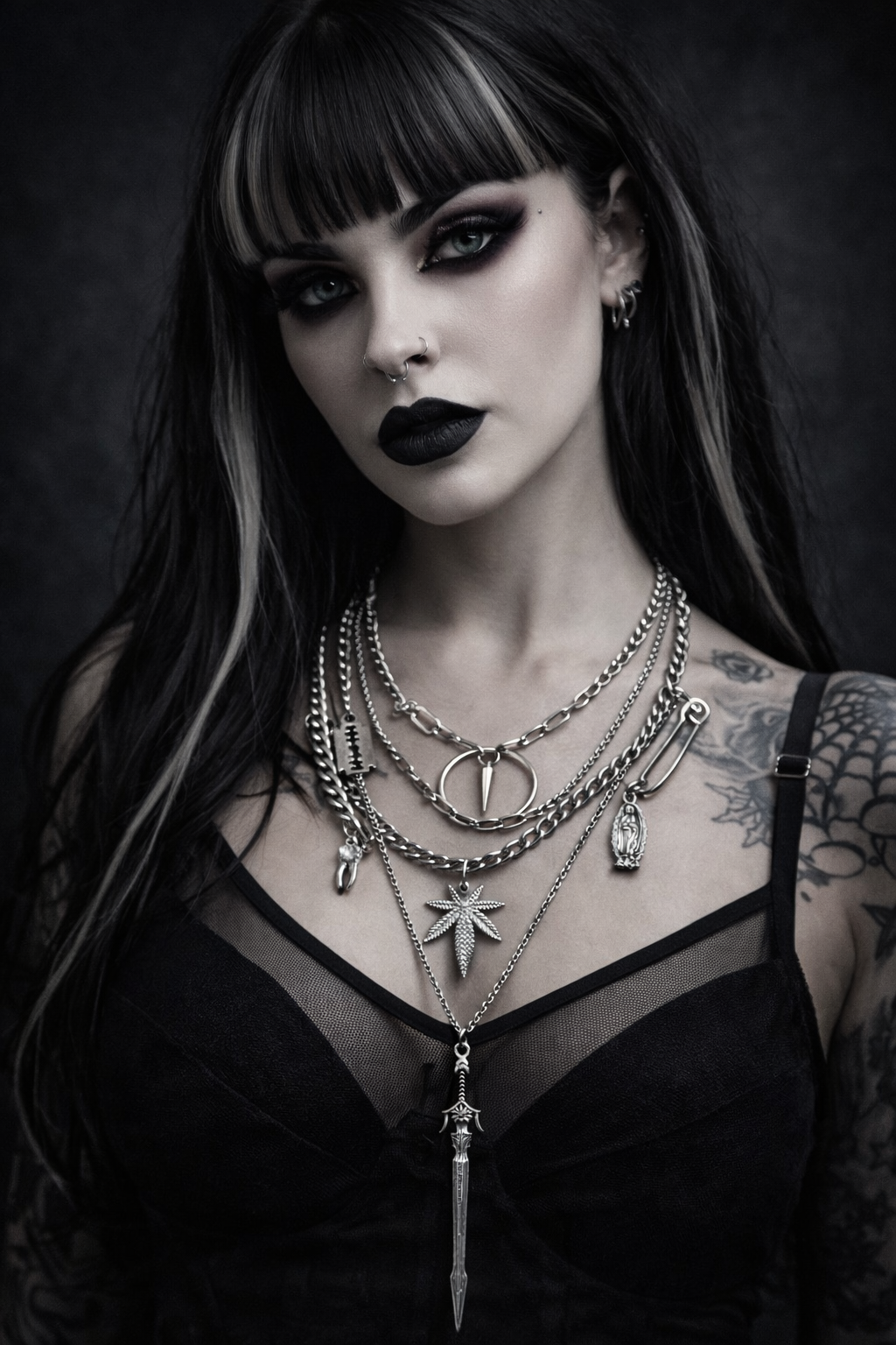 TRASHED – Gothic Layered Charm Necklace, Stainless Steel Statement Chain, 16” Toggle Clasp