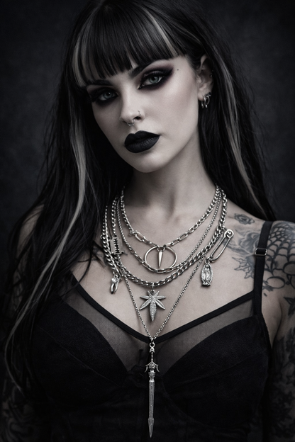 TRASHED – Gothic Layered Charm Necklace, Stainless Steel Statement Chain, 16” Toggle Clasp