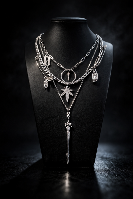 TRASHED – Gothic Layered Charm Necklace, Stainless Steel Statement Chain, 16” Toggle Clasp