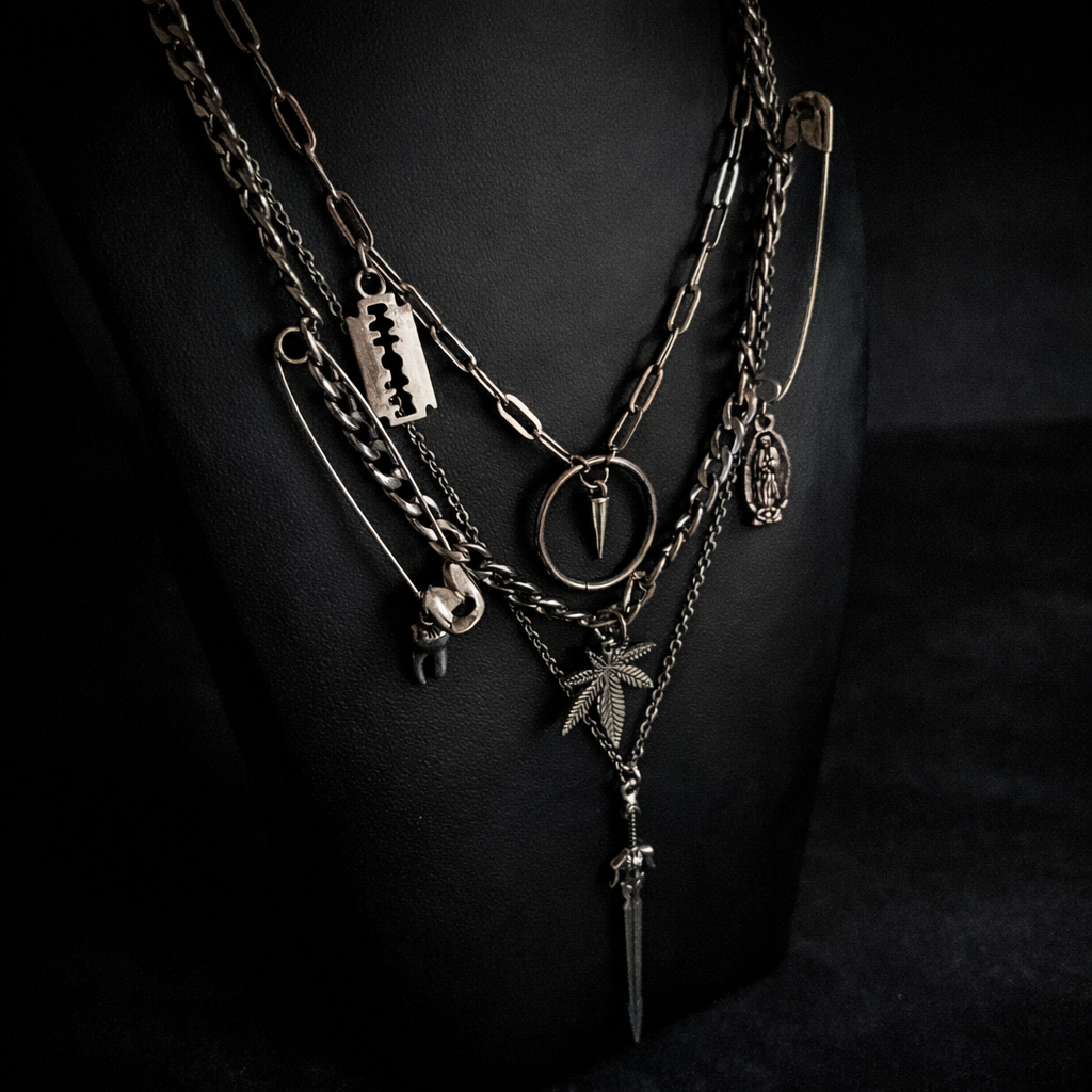 TRASHED – Gothic Layered Charm Necklace, Stainless Steel Statement Chain, 16” Toggle Clasp