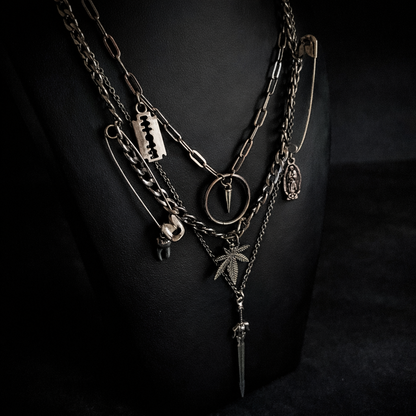 TRASHED – Gothic Layered Charm Necklace, Stainless Steel Statement Chain, 16” Toggle Clasp
