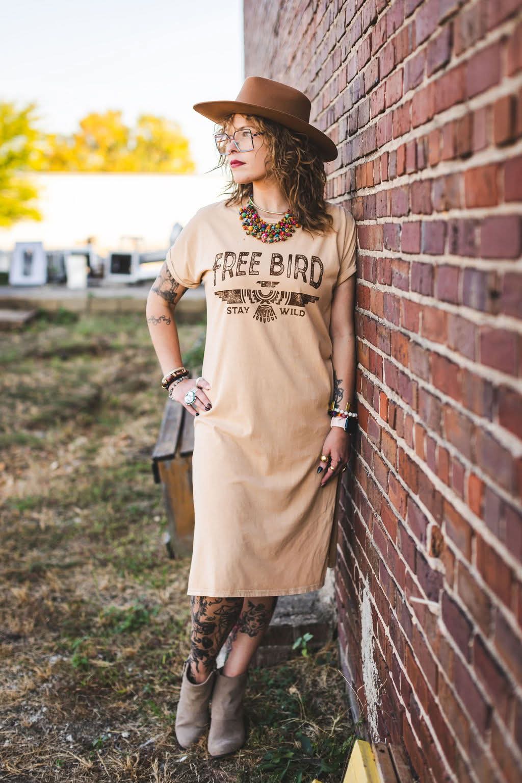 Free Bird Print Tee Shirt Dress