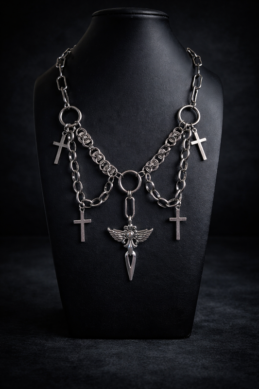 Archangel – Gothic Chainmail Cross Necklace, Stainless Steel Statement Chain, 18” Toggle Clasp