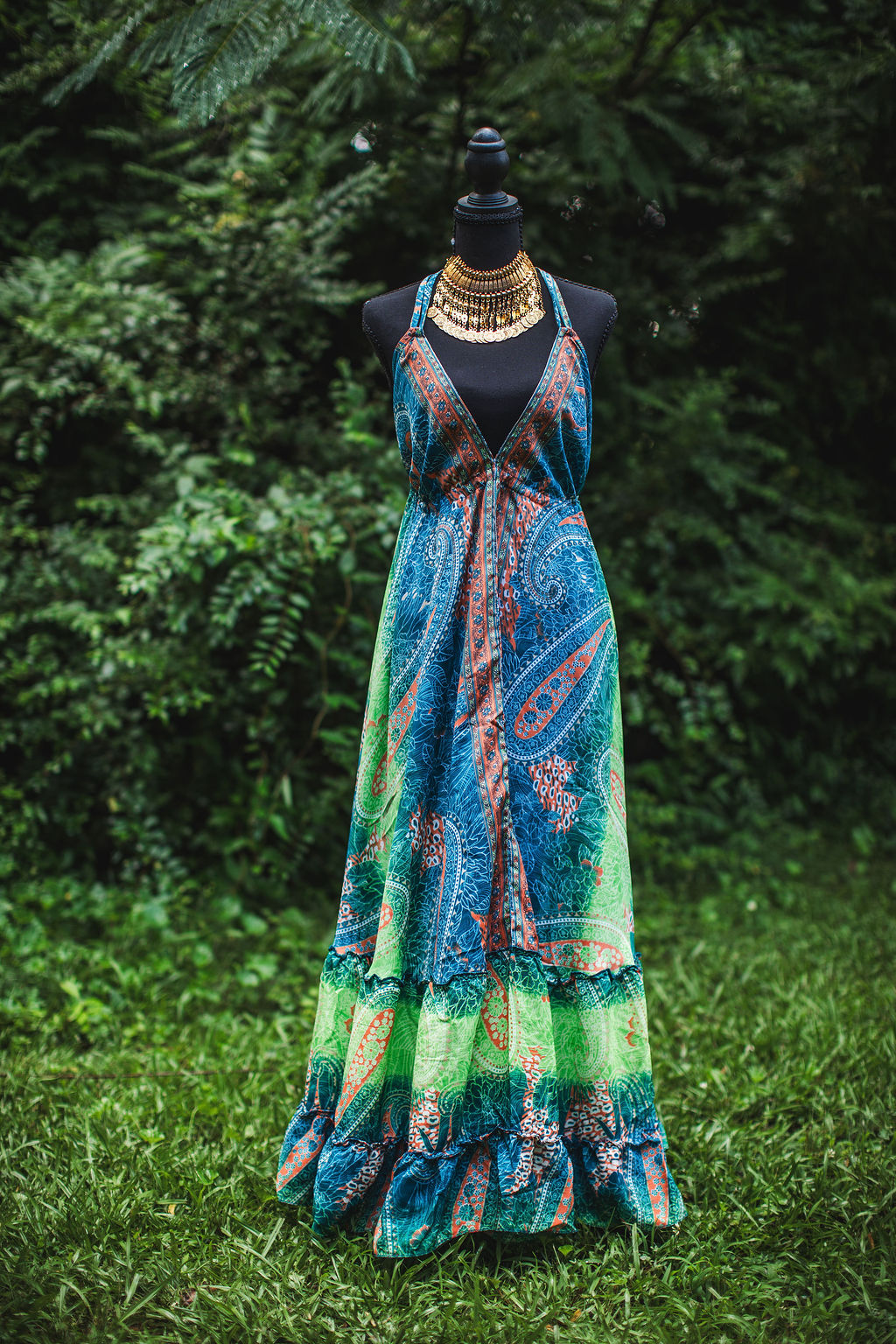 Emerald Tide Silk Maxi Dress