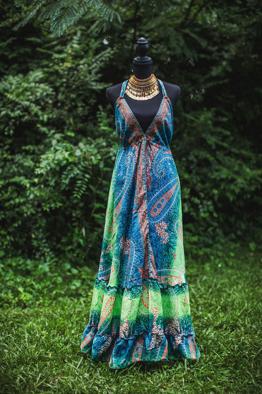 Emerald Tide Silk Maxi Dress